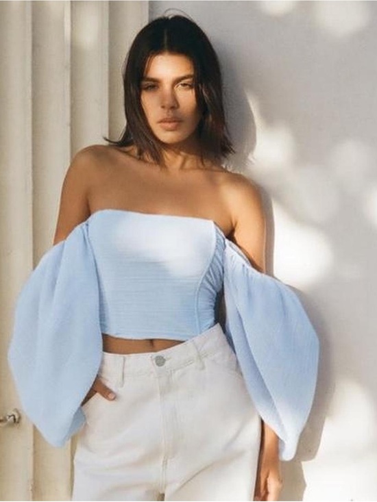Zara Tops - Zara Off-Shoulder Light Blue Puff Sleeve Cropped Top